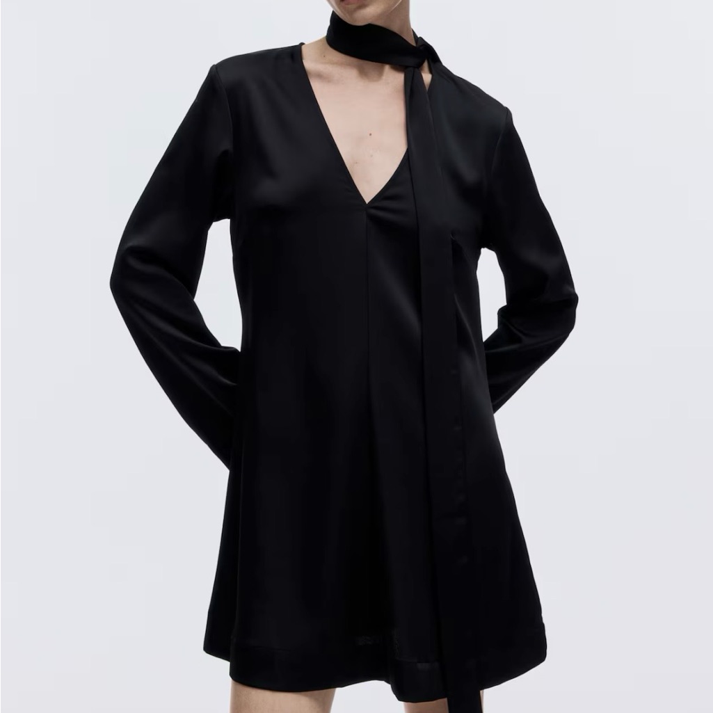 H&M Black V-Neck Long Sleeve Mini Dress With Neck Tie